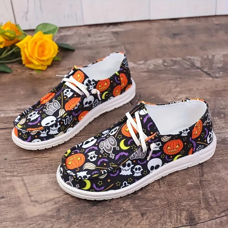 Women‘s Spooky Chic Canvas Sneakers - Halloween Pumpkin Skeleton Print Casual Shoes- US(5-9)