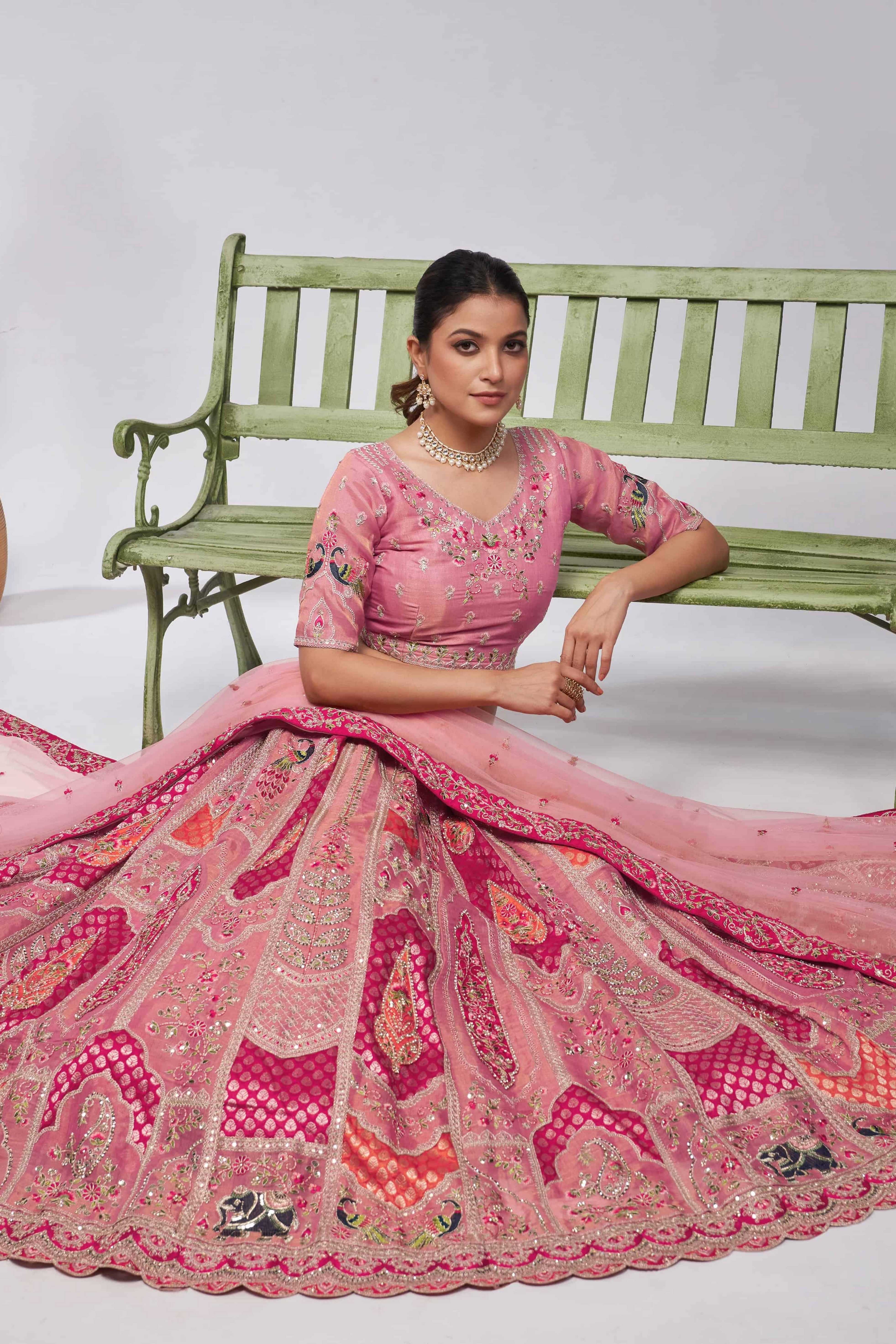 Pretty Pink paisley Motifs traditional embroidered wedding Lehenga - qivii