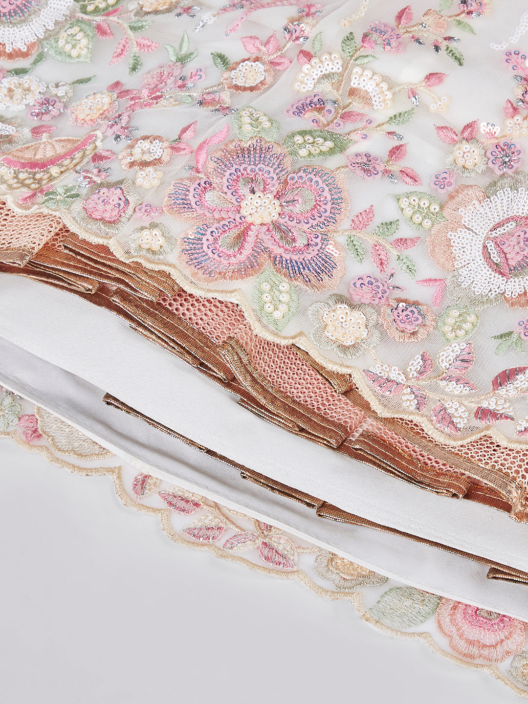 Cream - Multi-Sequins & Thread Work Embroidery Net Semi-Stitched Lehenga - qivii