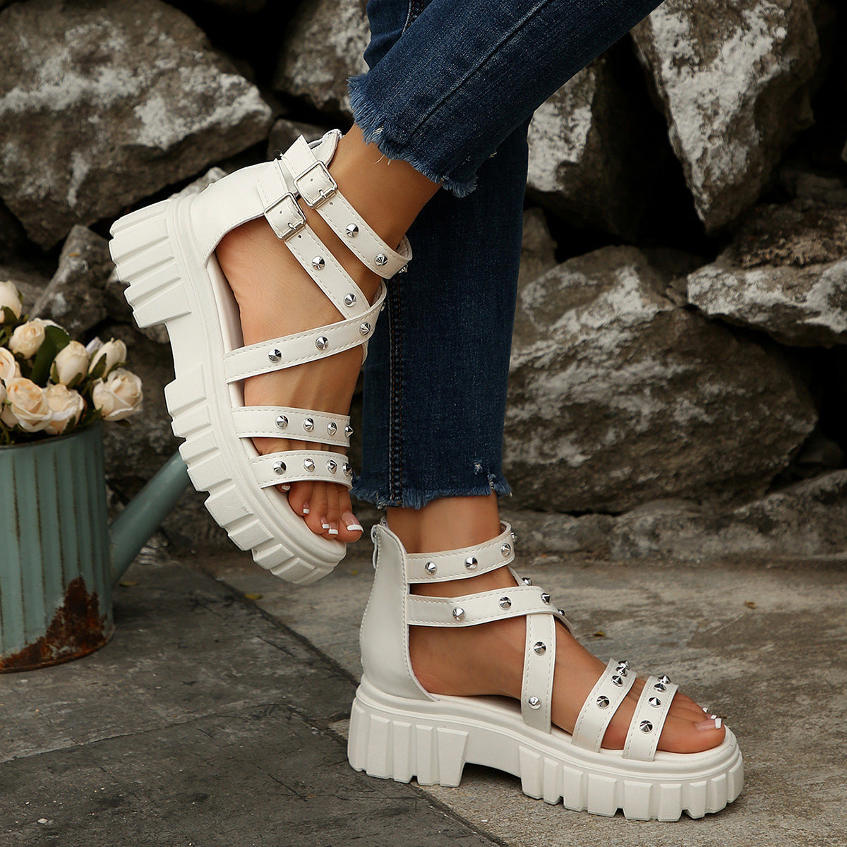 Women’s Rivara Studded Platform Wedge Sandals – Adjustable Ankle Strap Casual Summer Shoes (US 4–10.5)