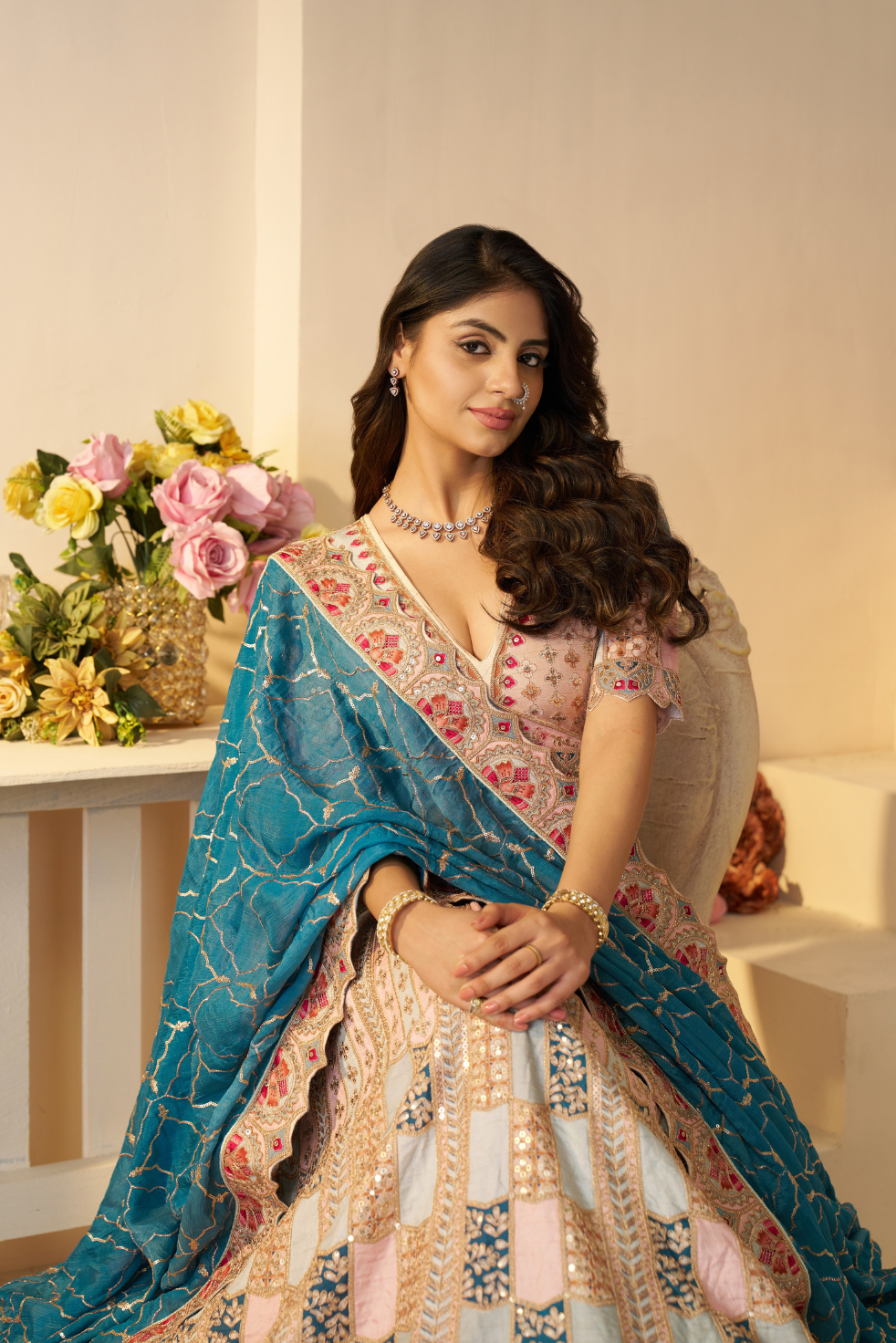 Powder Blue Jaal Print Lehenga with Sequin & Aari Work - qivii