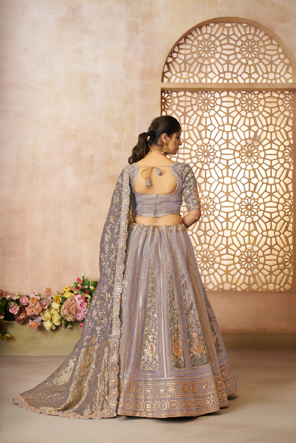 Onion Brocade Bridal Lehenga with Banarasi Patches and Zari Panel Work - qivii