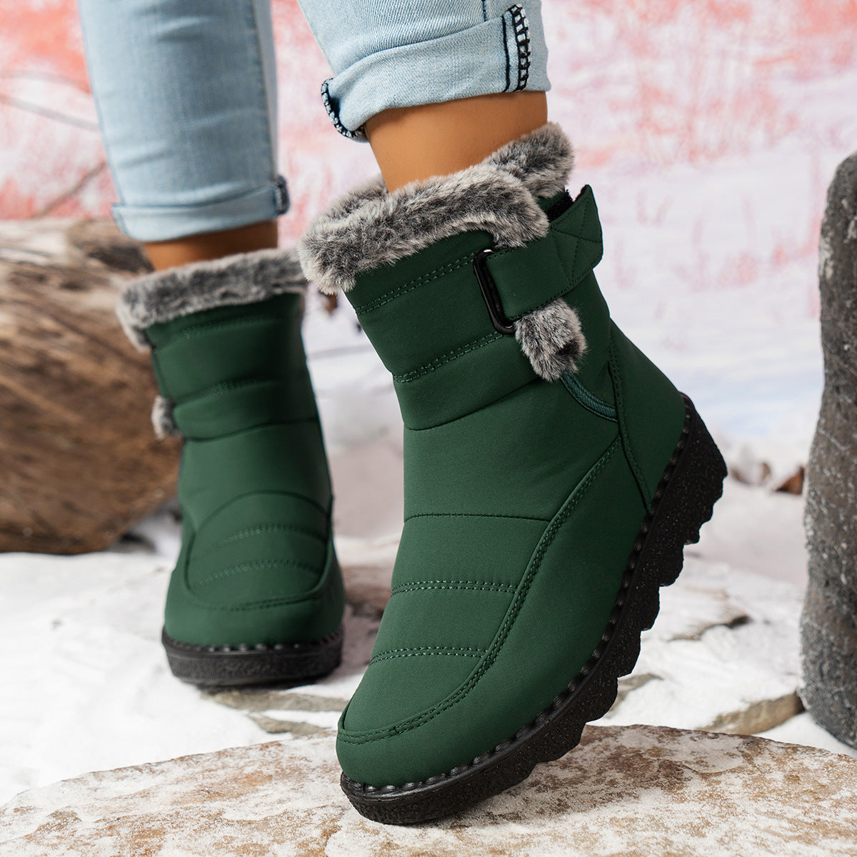 Women's Mira Waterproof Snow Boots - Plush Faux Fur Cuff with Easy Hook-and-Loop Strap & Lug Sole (US 5-11.5)