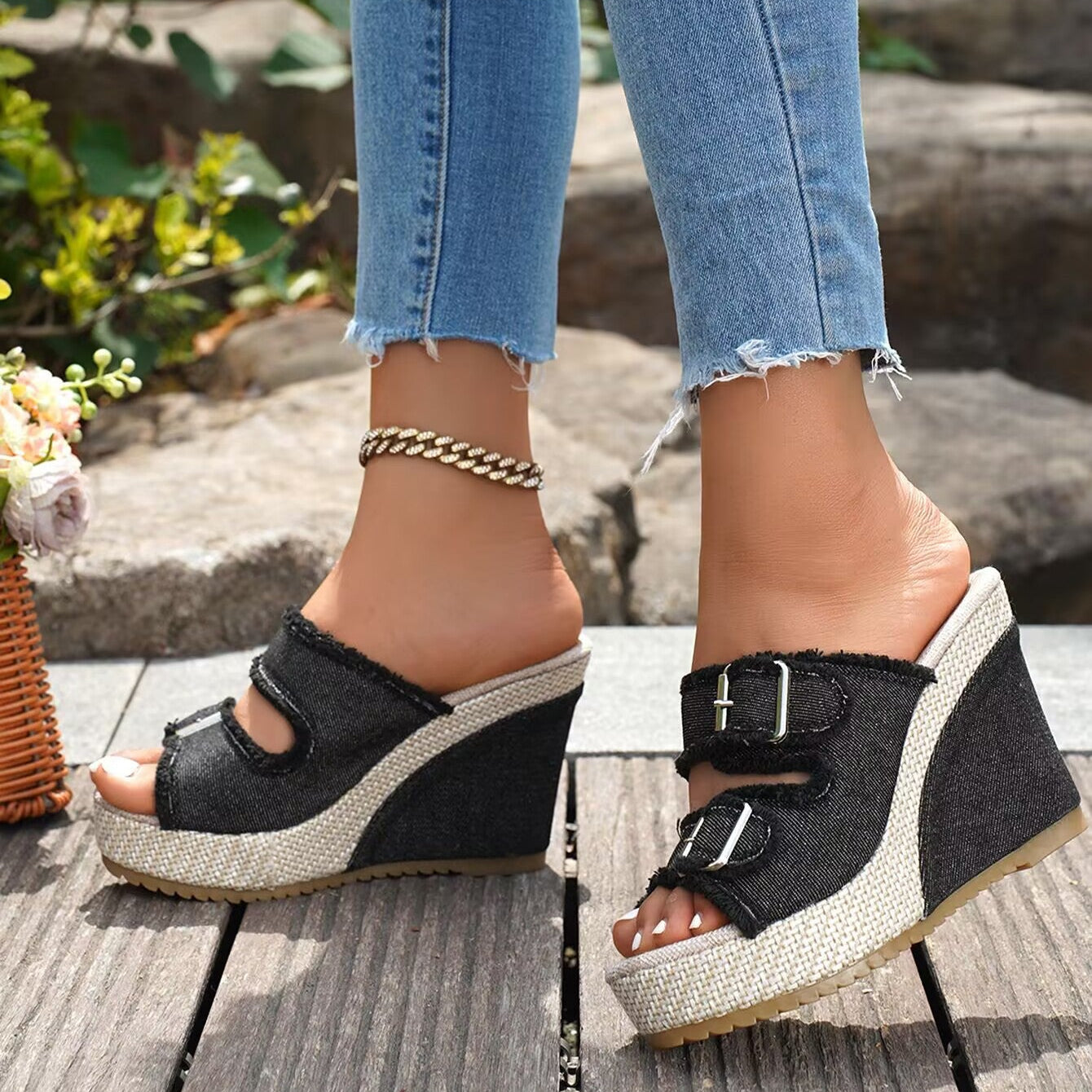 Women’s Denira Denim Peep-Toe Wedge Slide Sandals – Buckle Strap Platform Chic Summer Slides (US 5–10.5)