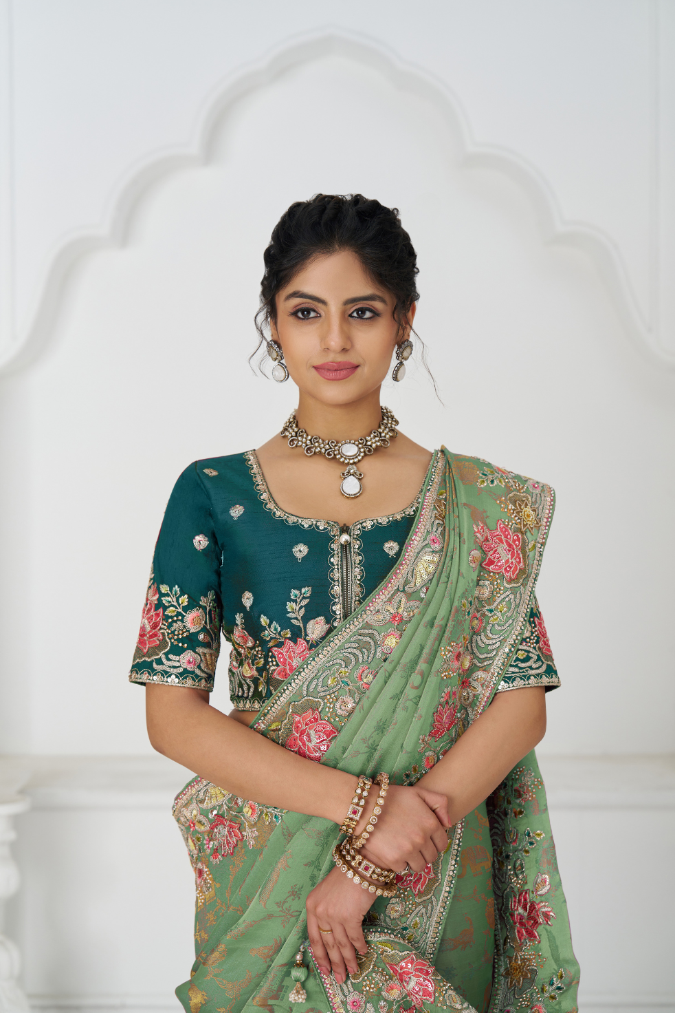 Grace in Green: Multi-Thread Embroidered Saree with Floral Elegance - qivii