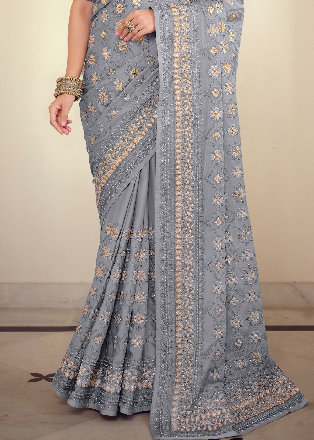 Flint Grey Designer Satin Georgette Saree with Gota & Resham work - qivii