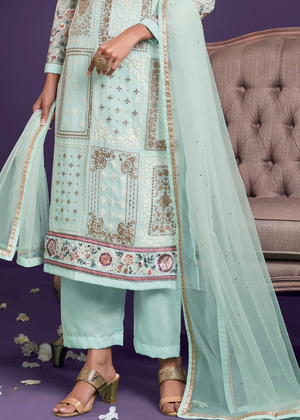 Sky Blue Georgette Salwar Suit with Thread, Zari & Sequence work - qivii