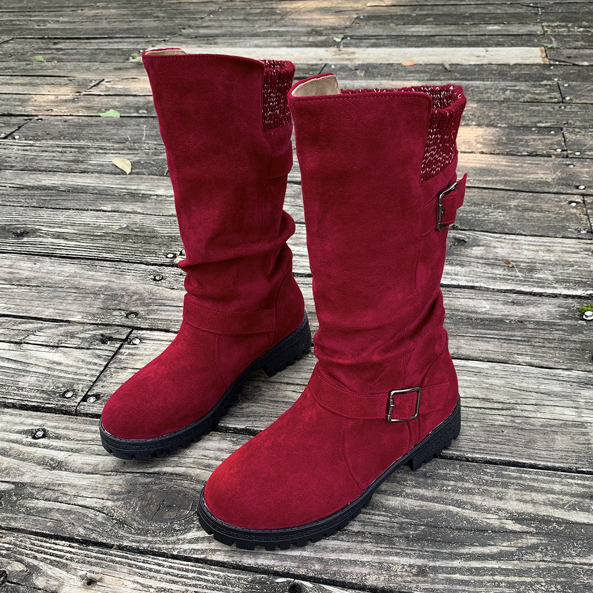 Women’s RanchWrap Buckle Mid-Calf Suede Boots – Knit Cuff Western-Style Slouchy Shoes (US 5–10.5)