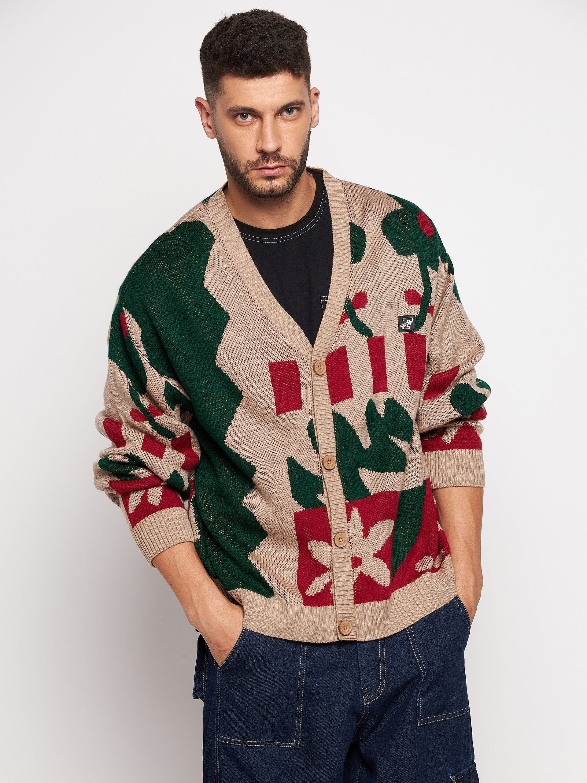 Beige Abstract Oversized Cardigan