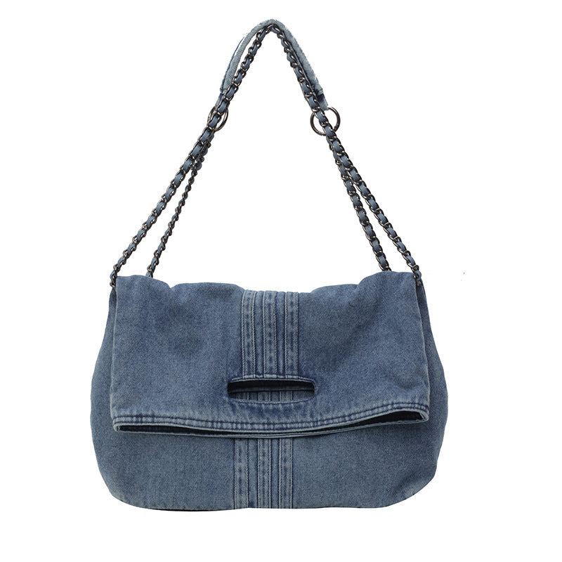 Women's Vintage Denim Tote Bag with Chain Strap – Structured Large-Capacity Crossbody & Shoulder Bag