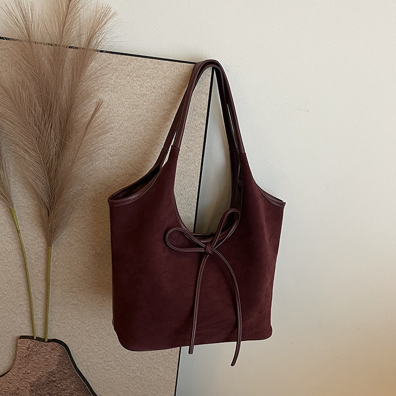 Women's Vintage Matte Tote Bag – Oversized Bow-Accent Shoulder Bag with Crossbody Strap