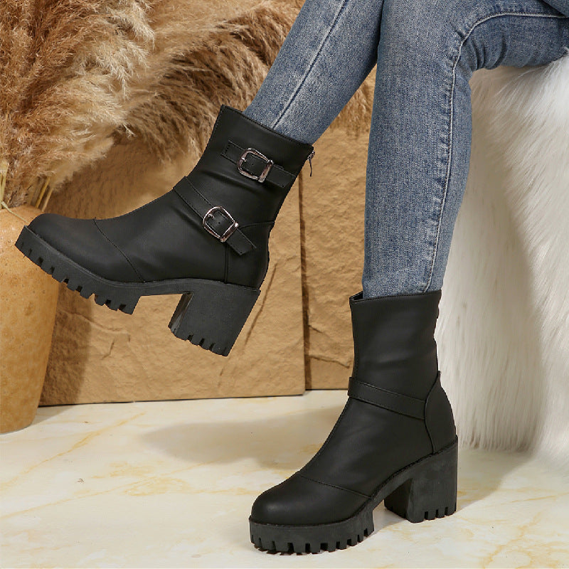 Women's Bootara Orvessa ankle boots with double buckles, round toe, 6.5 cm block heel, and rugged lug sole in US size 5-10.5