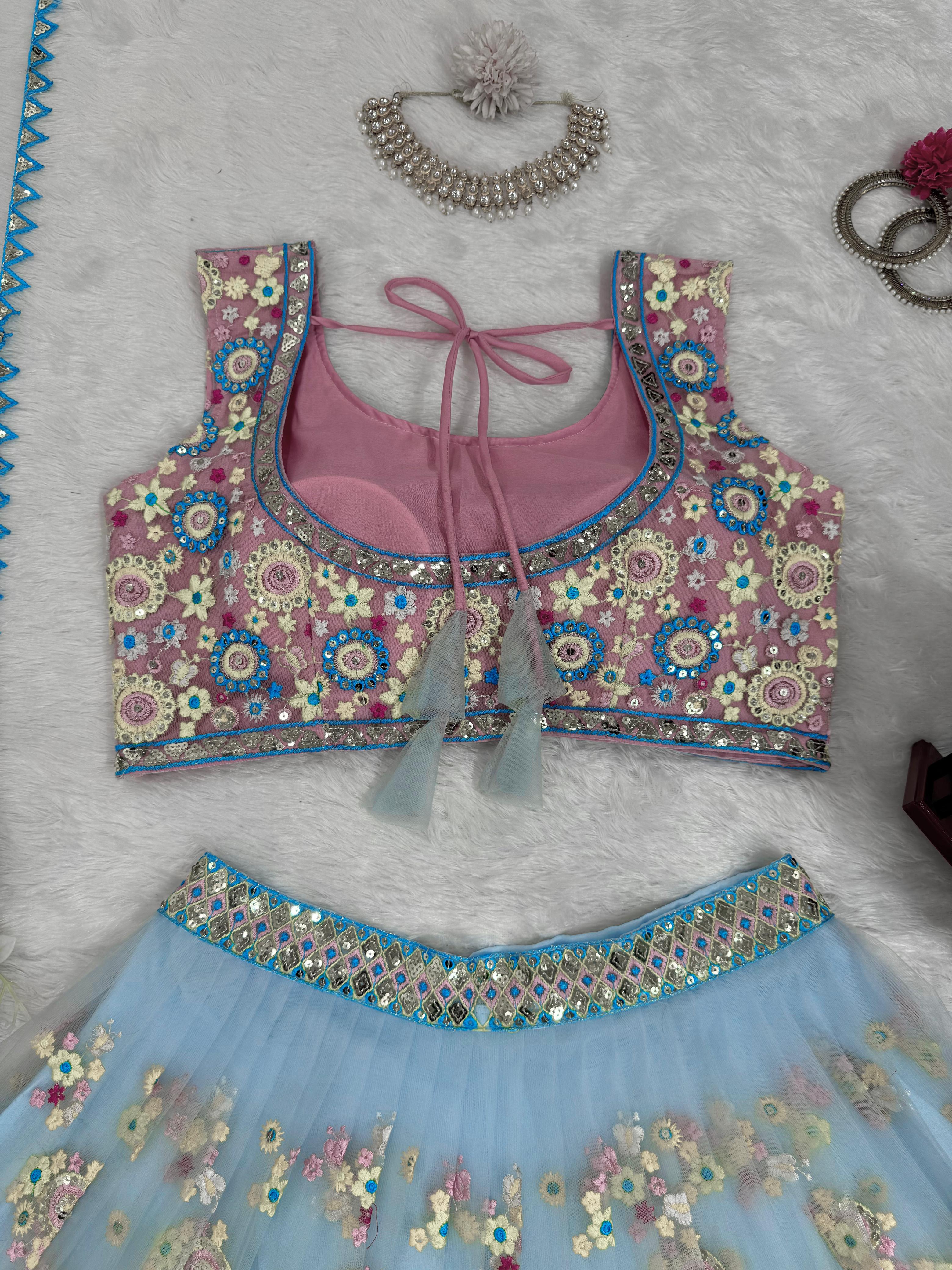 Sky Blue Butterfly net Thread with Sequnce Lehenga Choli - INSPIRED | Ready To Wear - qivii