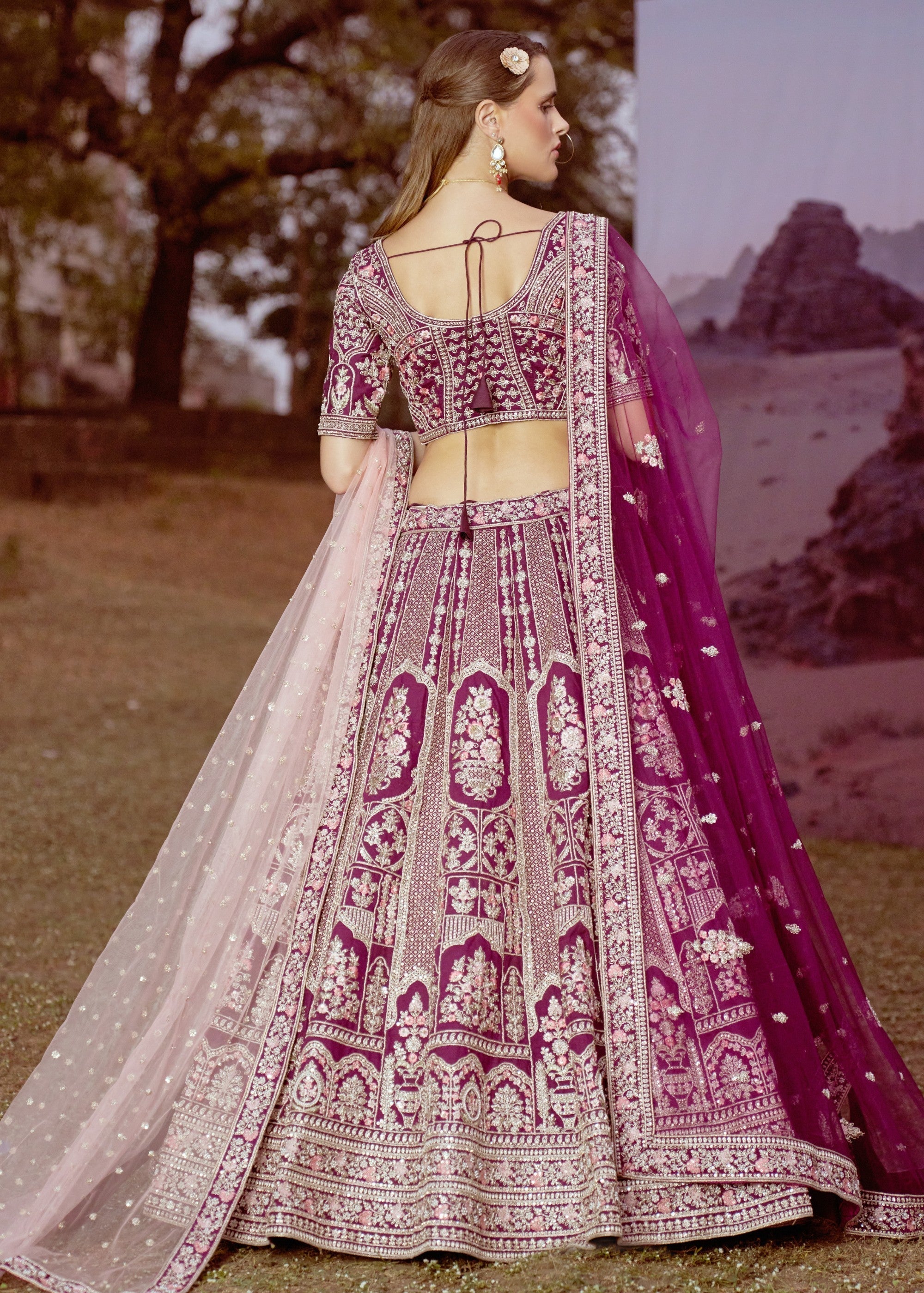 Purple Pure silk Moti, Sequins embroidery Bridal Lehenga | Ready To Wear - qivii
