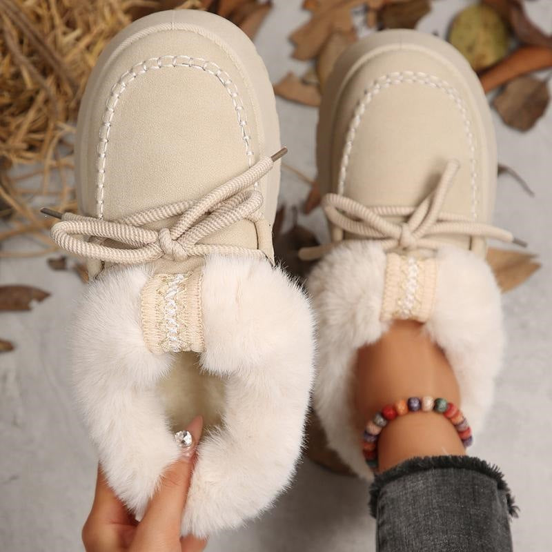 Women's FrostHaven faux fur-lined winter shoes by Bootara, suede lace-up moccasin style, in US sizes 5.5 to 10.5.