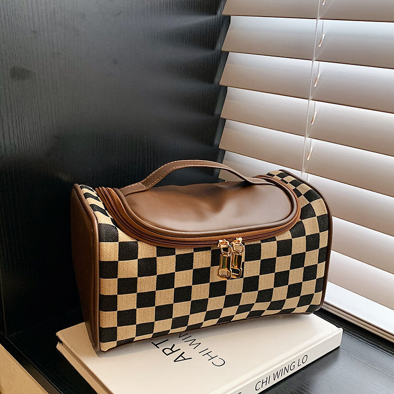 Women's Large Checkered Makeup Organizer – Oversized Travel Toiletry Bag with Zippered Pockets & Detachable Strap | Waterproof Patchwork Cosmetic Case