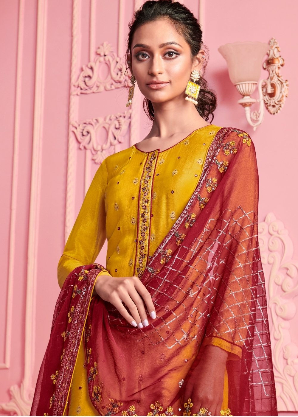 Mustard Yellow Georgette Salwar Suit with Thread & Zari Embroidery work - qivii