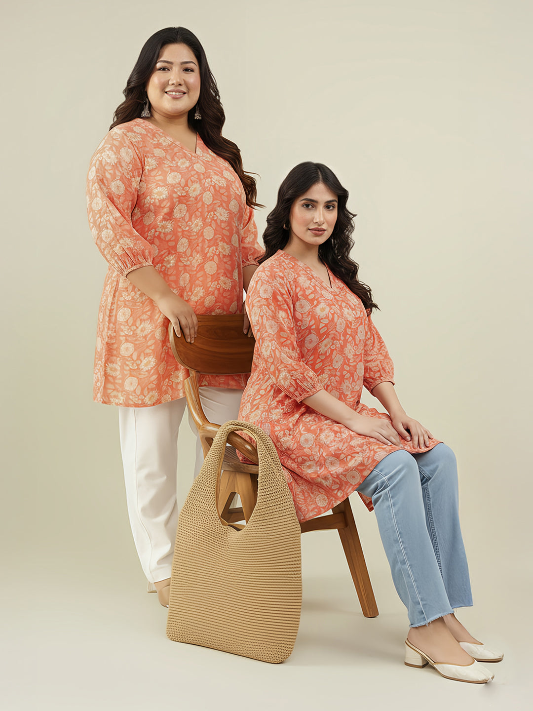 Plus Size Peach Georgette Floral Printed A-line Tunic - qivii