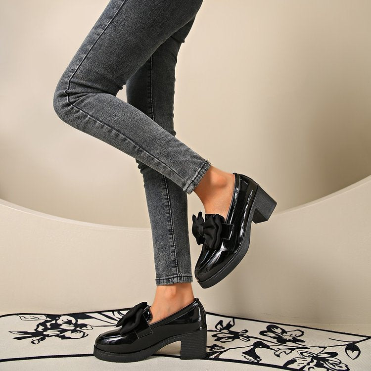 Women's Plus Size Bowknot Leather Shoes with Chunky Heel Platform