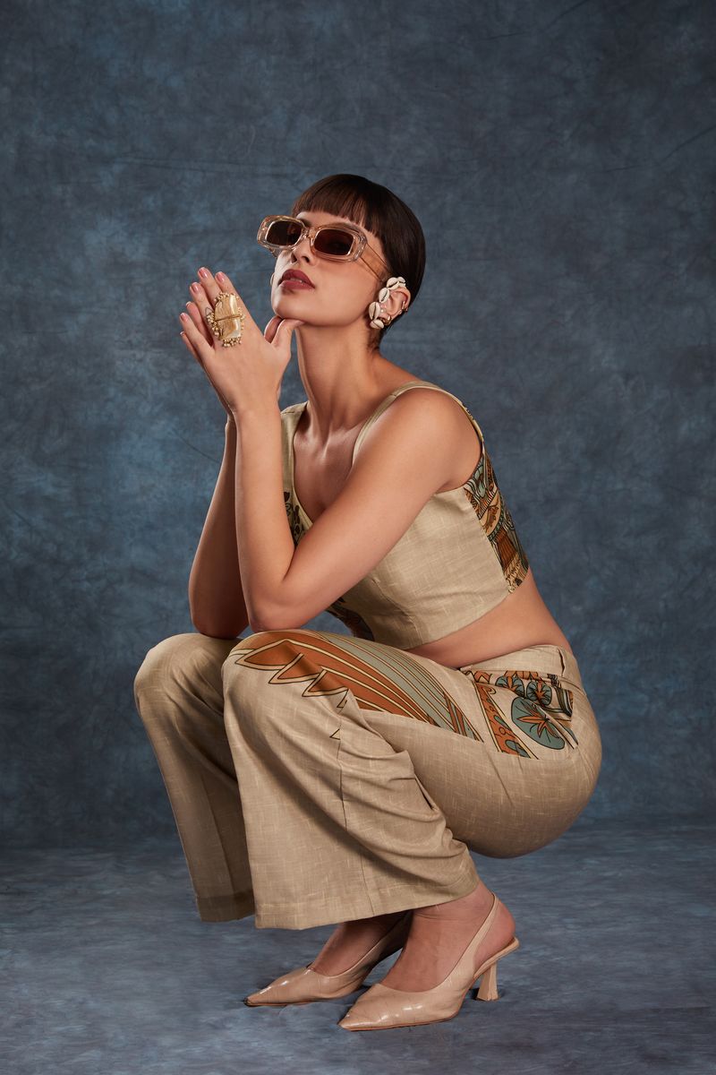 BROWN LINEN PRINTED TOP,PANT CO-ORD SET - qivii