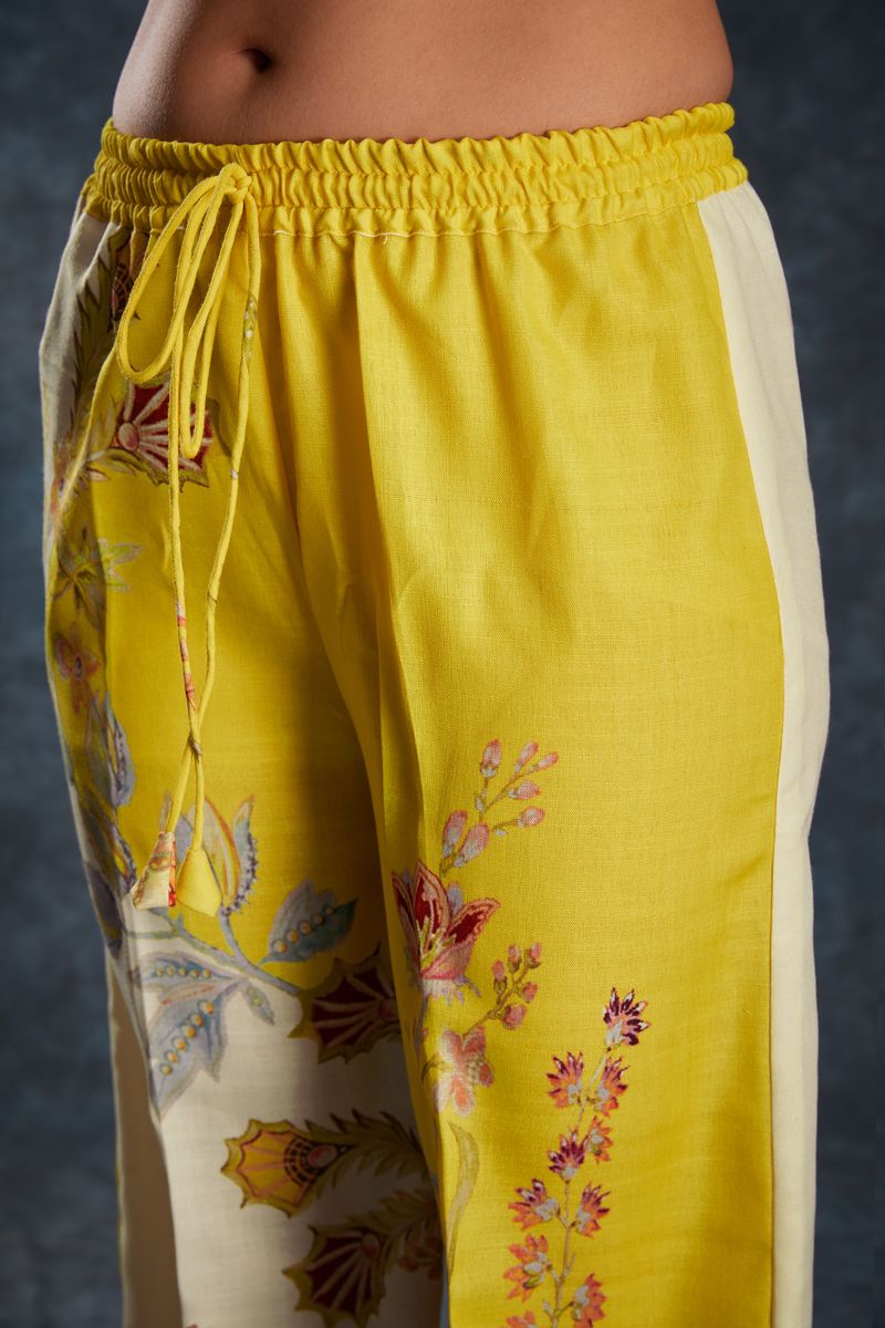 YELLOW LINEN PRINTED TOP,PANT CO-ORD SET - qivii