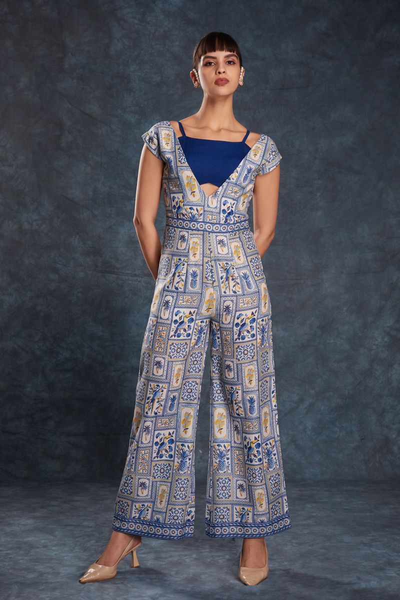 NAVY BLUE LINEN PRINTED CO-ORD SET - qivii