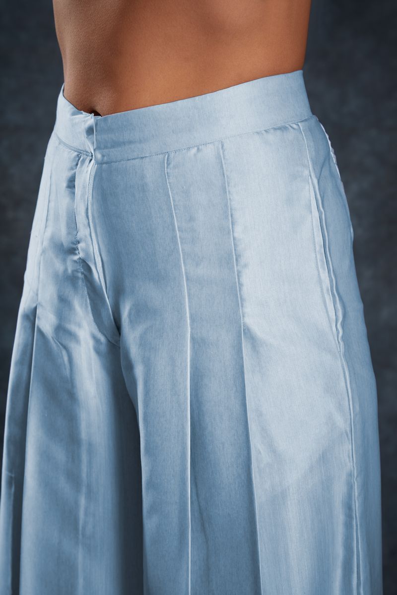 SKY BLUE LINEN PRINTED TOP,PANT CO-ORD SET - qivii