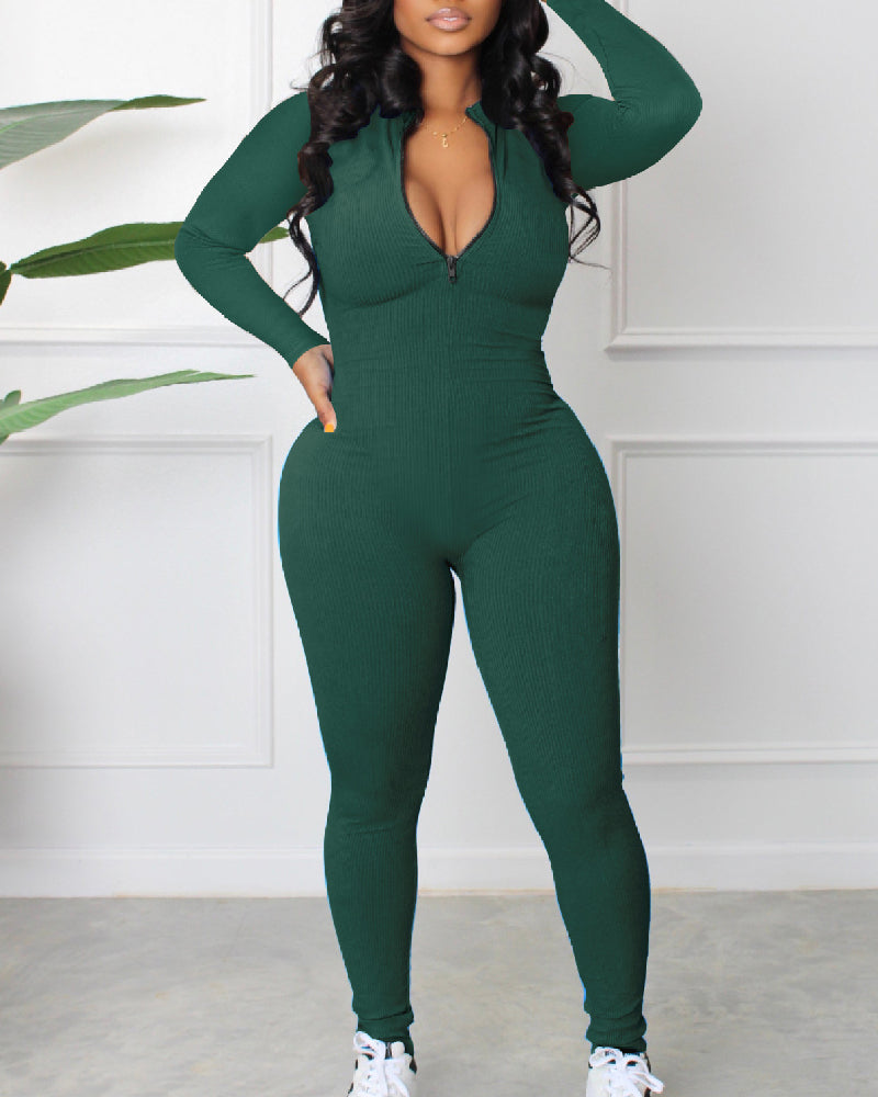 Women's Sexy Ribbed Long Sleeve Zipper Jumpsuits Casual Solid Bodycon Rompers - By Qivii