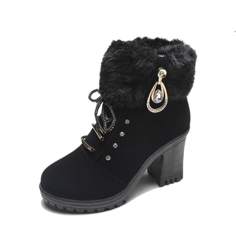 Women's Glam Knit-Cuff Boots - Rhinestone Decor Side Zip Block Heel Dress Boots (US 5-10)
