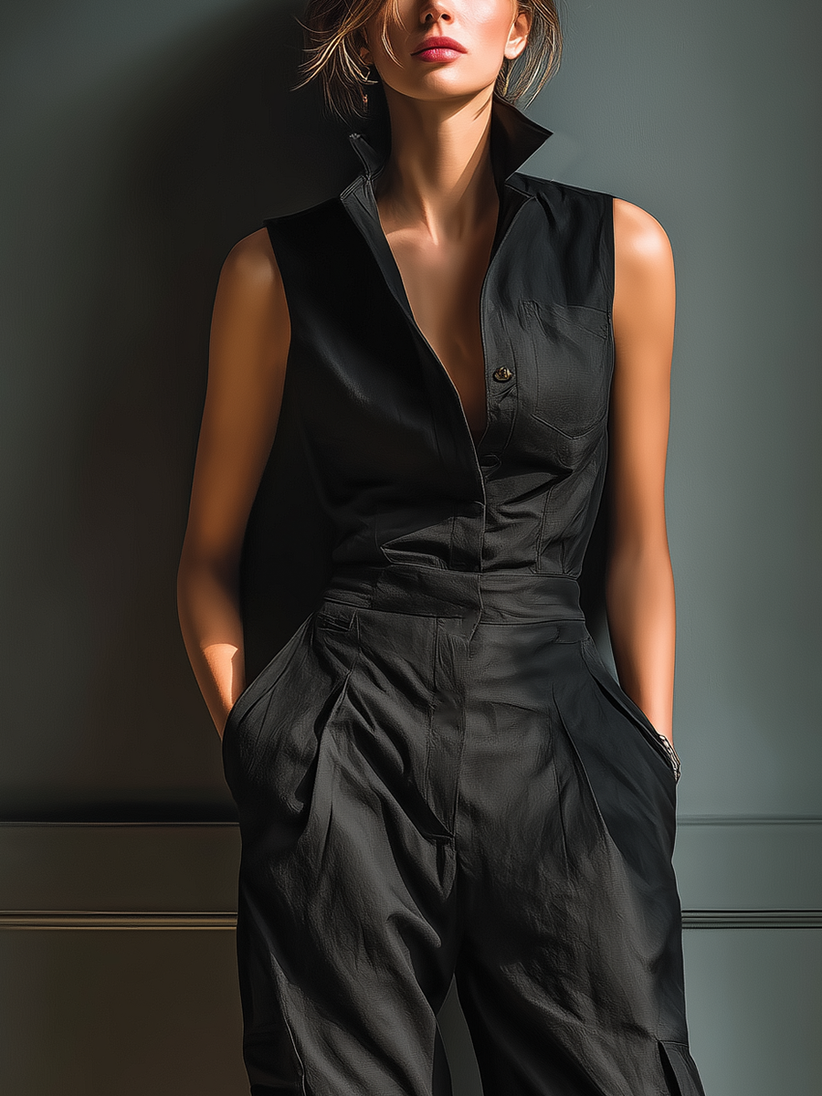 Women's Black Cotton And Linen Blend Sleeveless Collared Jumpsuit With Cargo Pockets MDZ0908A3T