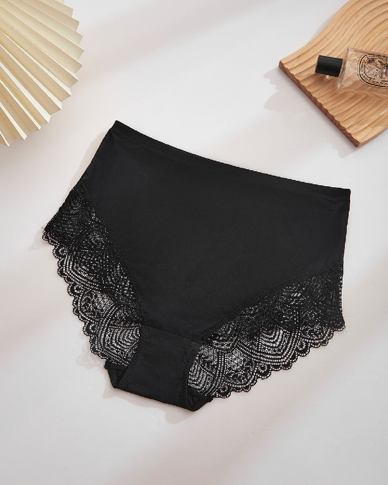 Women's Sexy Semi Sheer Mid-Waist Lace Stitching Breathable Briefs - By Qivii