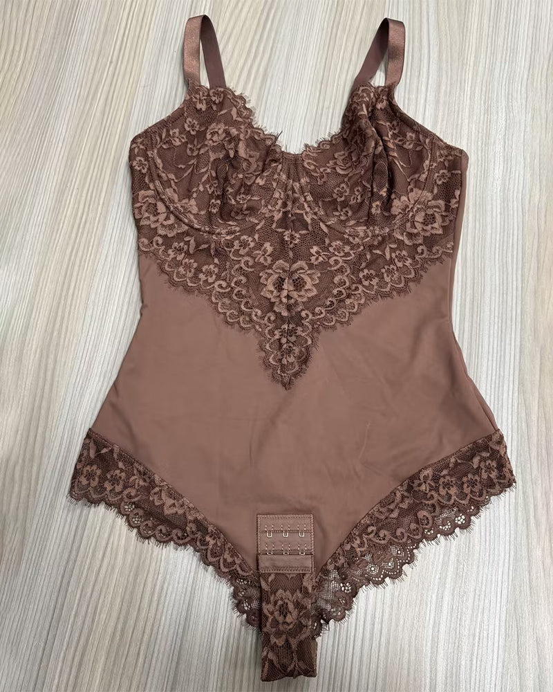 Shapshe® Front and Back Deep V Lace Trim Shapewear Bodysuit