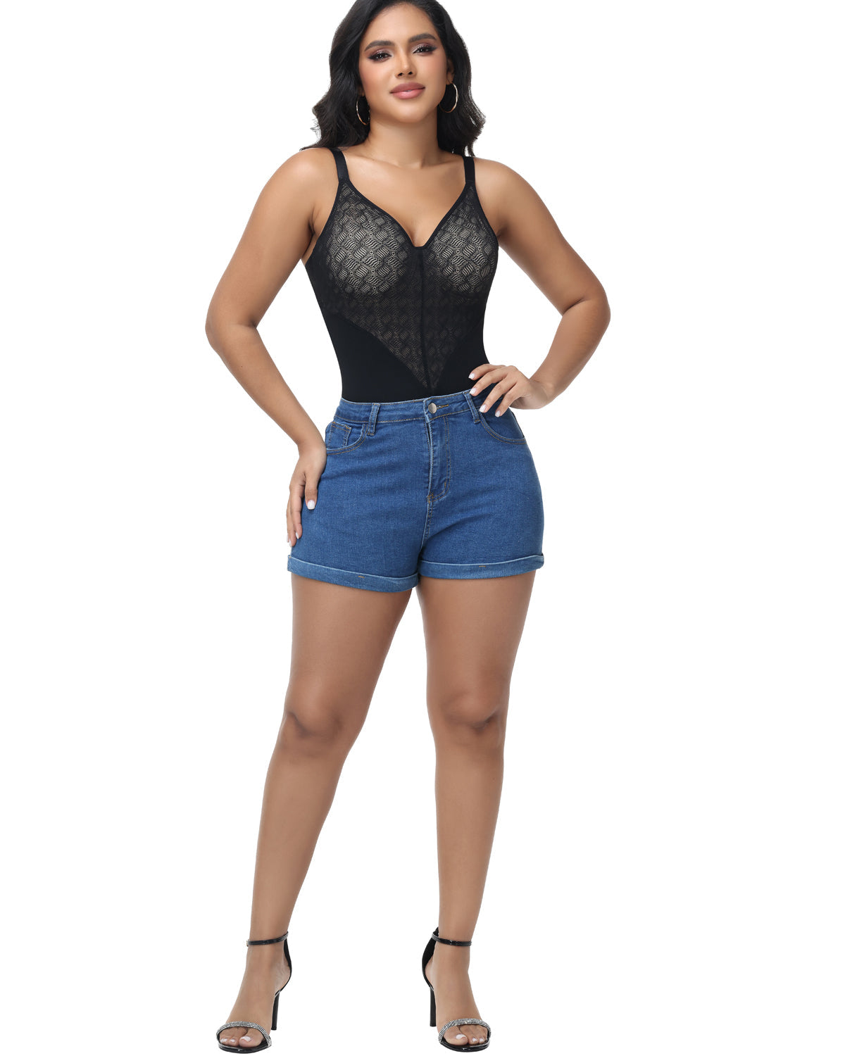 Shapshe® V Neck Sheer Lace Tummy Control Shapewear Bodysuit