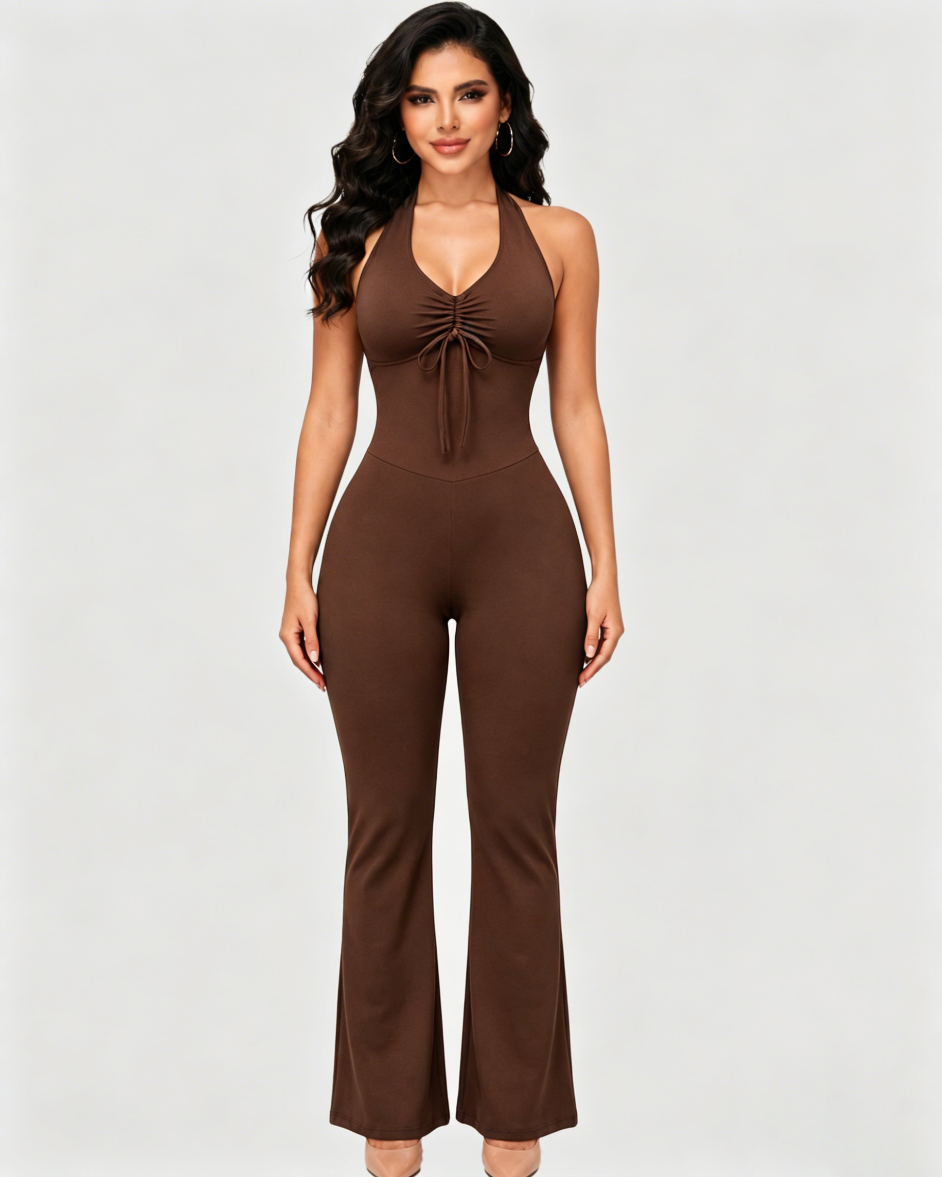Front Drawstring Halter Mesh Back Flare Leg Jumpsuit - By Qivii