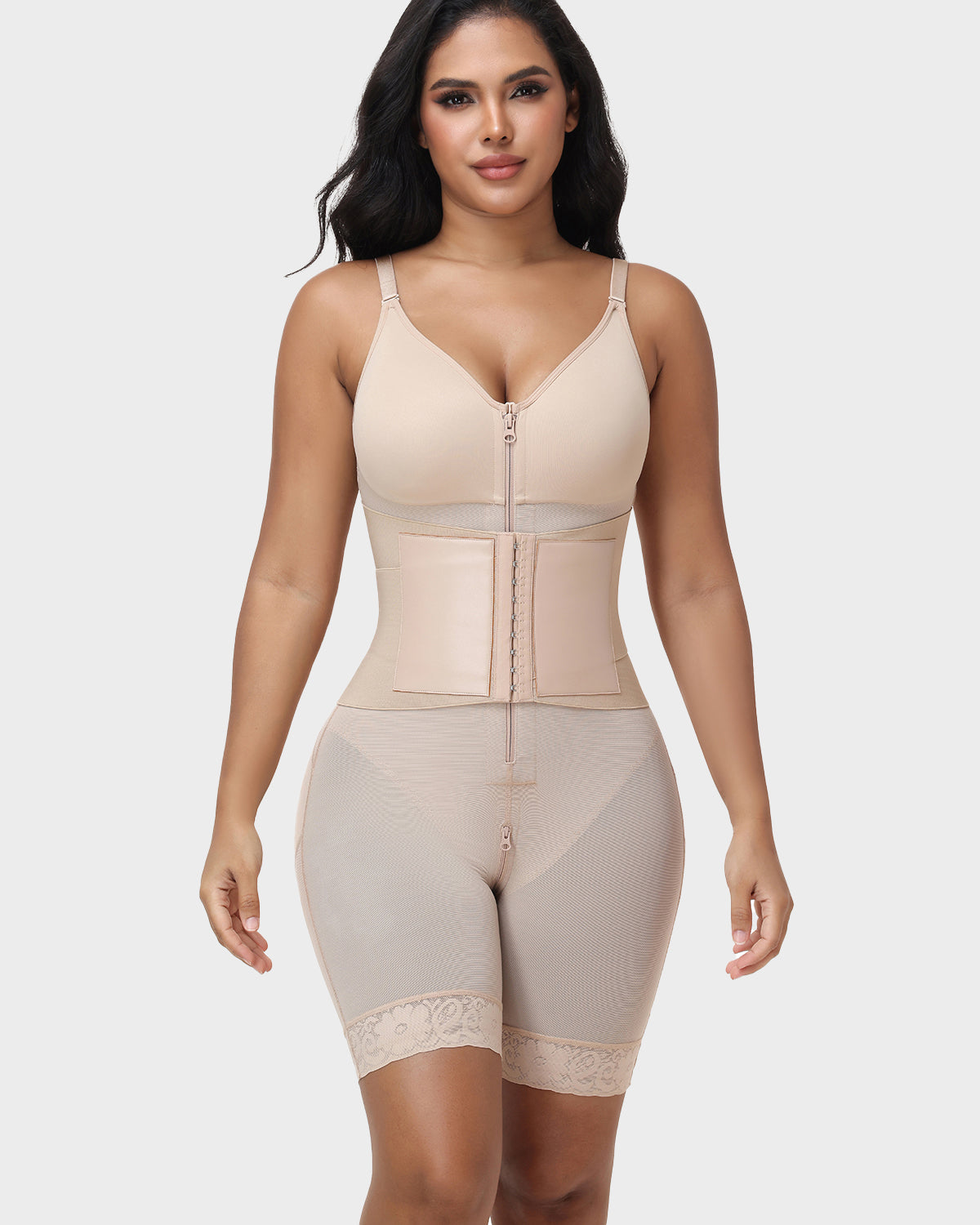 V Neck Zipper Mid Thigh Shapewear with Detachable Waist Trainer 2 Piece Set