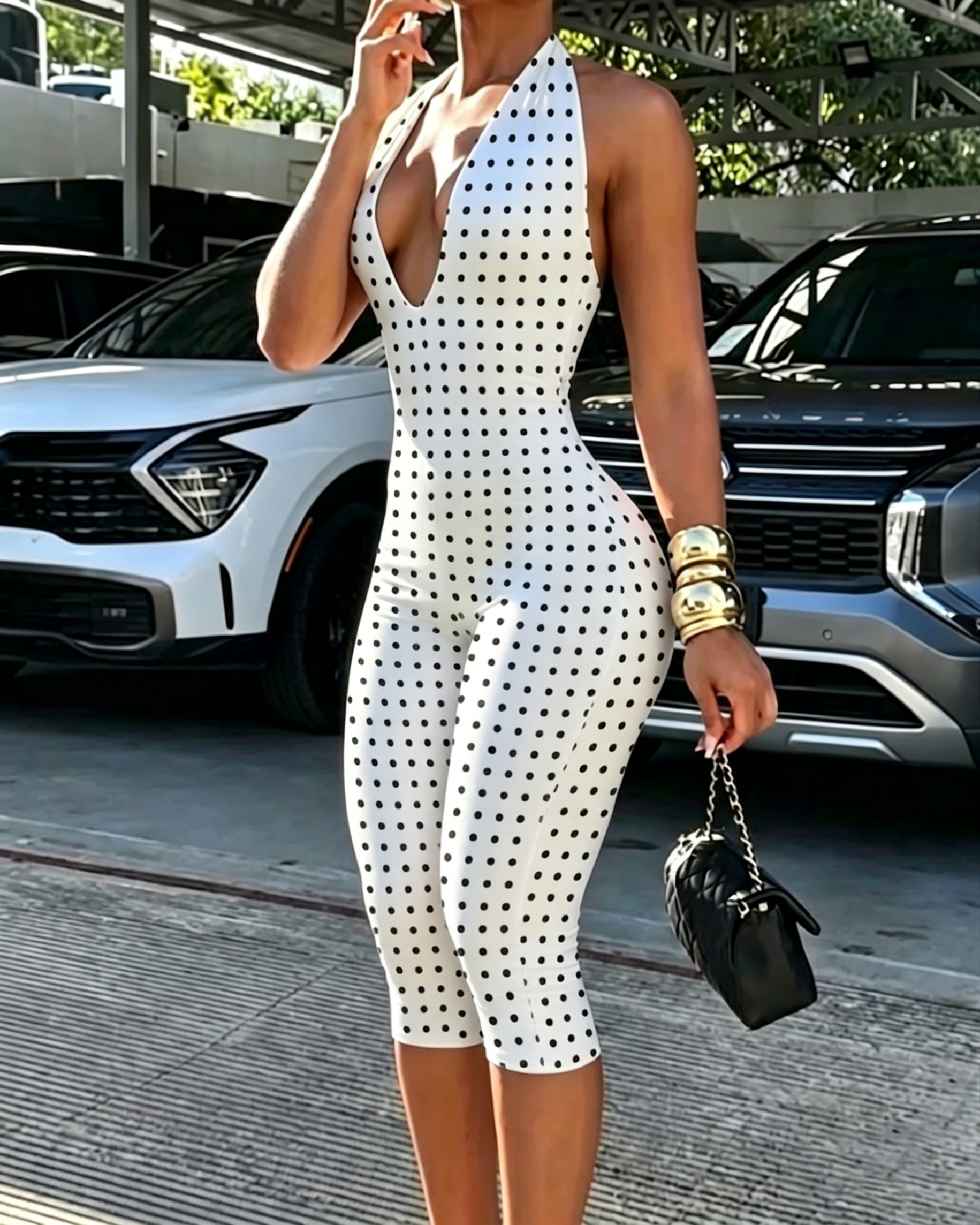 Hourglass Halter V Neck Backless Butt Lifting Capri Jumpsuit In Polk Dot - By Qivii