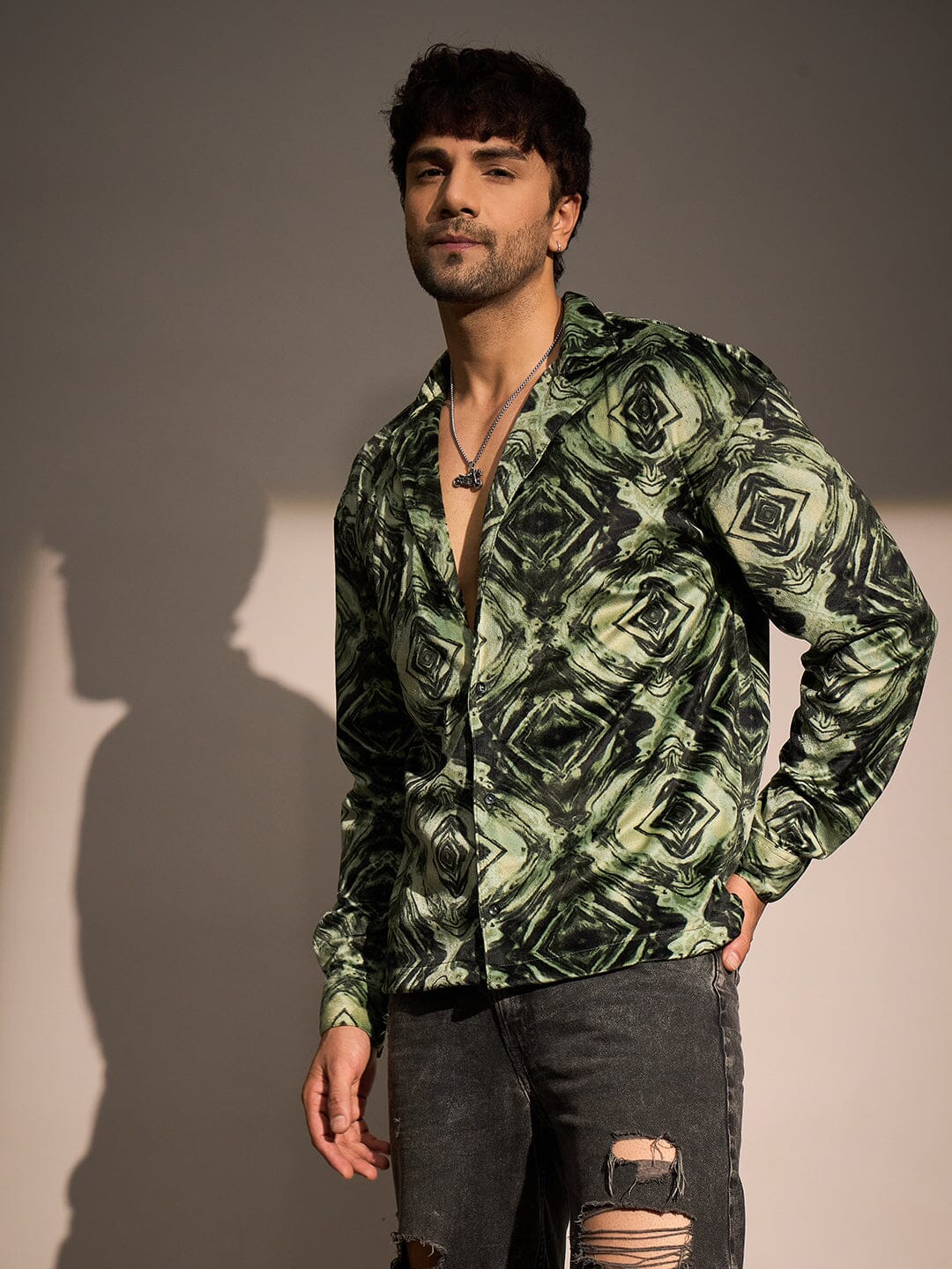 Green Textured Velveteen Cuban Shirt
