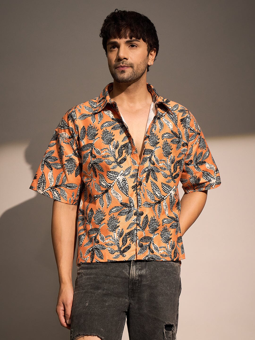 Orange Floral Print Cropped Shirt