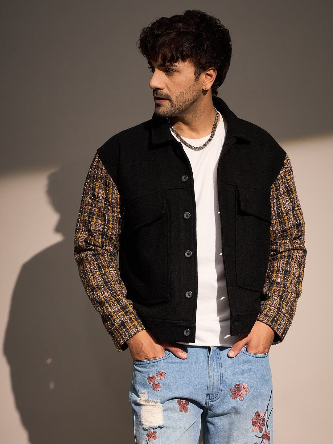 Black Woollen Contrast Sleeves Aviator Jacket