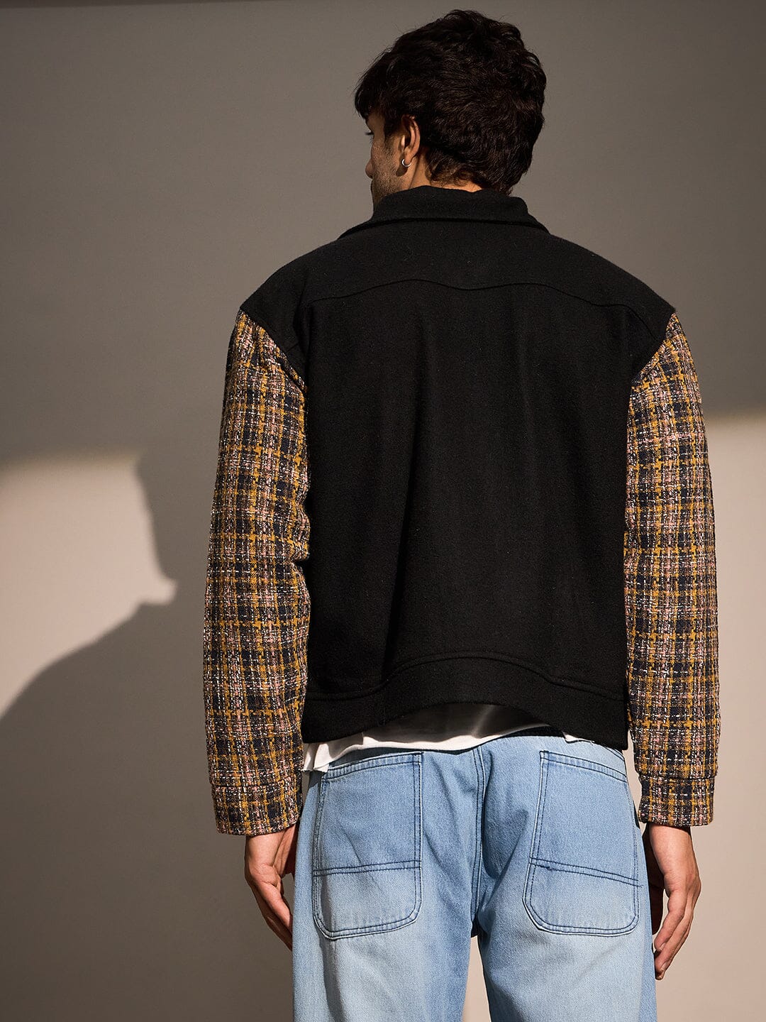 Black Woollen Contrast Sleeves Aviator Jacket