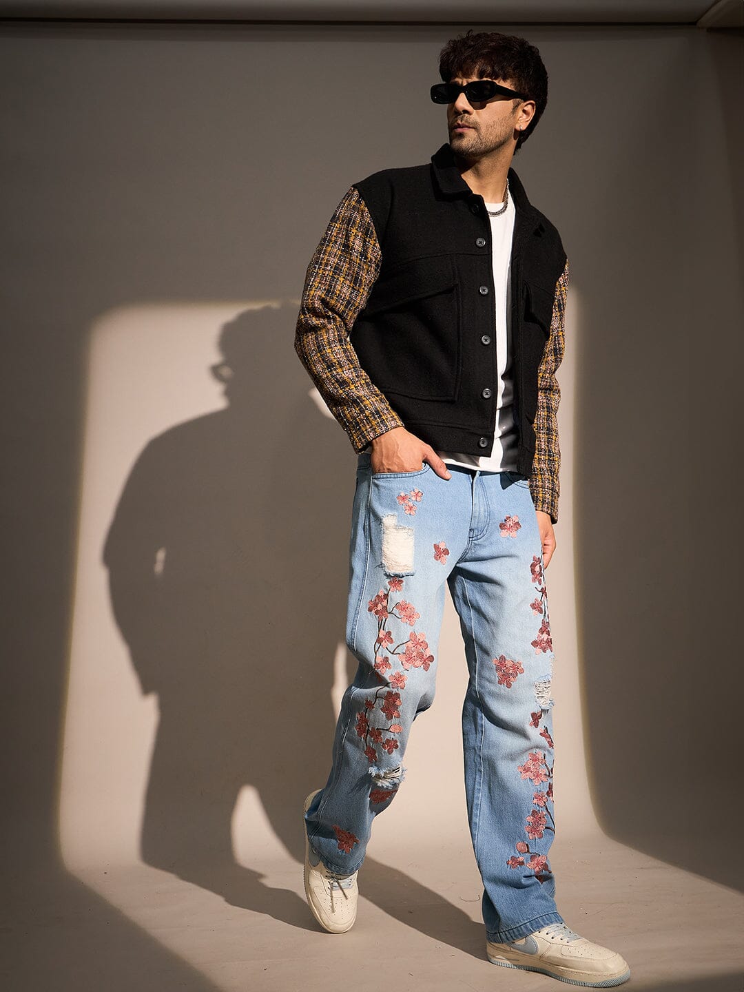 Black Woollen Contrast Sleeves Aviator Jacket