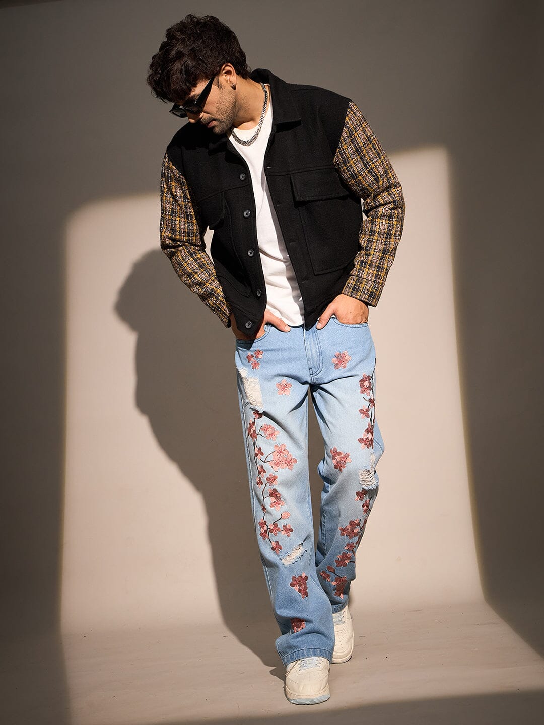 Black Woollen Contrast Sleeves Aviator Jacket