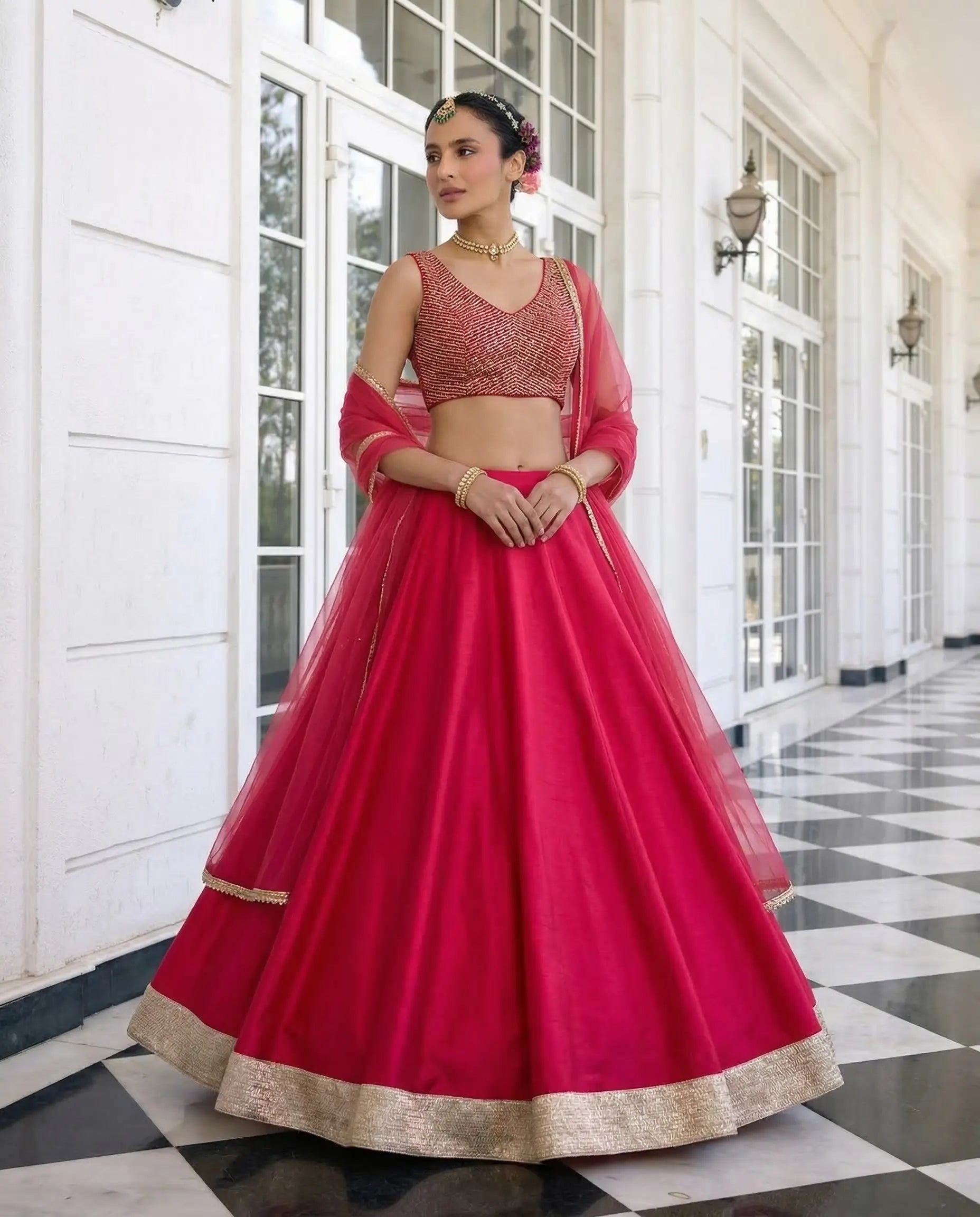 Paprika Red Embroidered Silk Lehenga