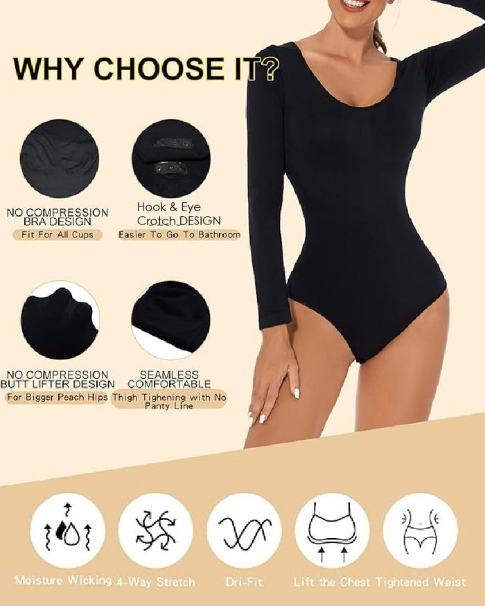Seamless Crew Neck Long Sleeve Corset Bodysuit Tops Stretch Triangle Jumpsuit - By Qivii