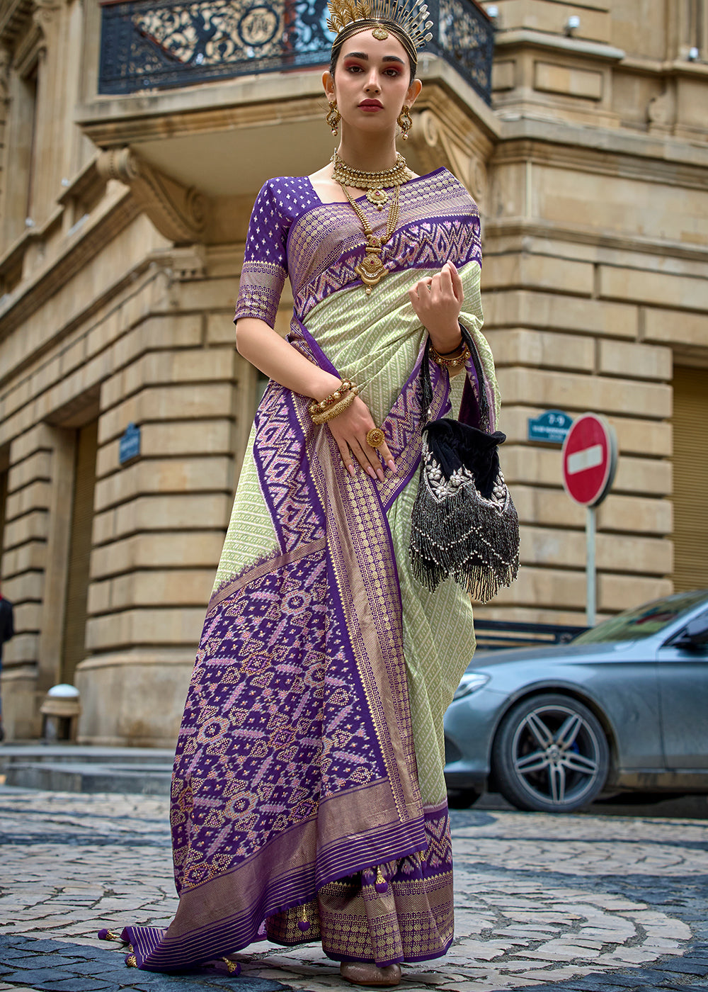 Blue & Green Patola Printed Viscose Silk Saree - qivii