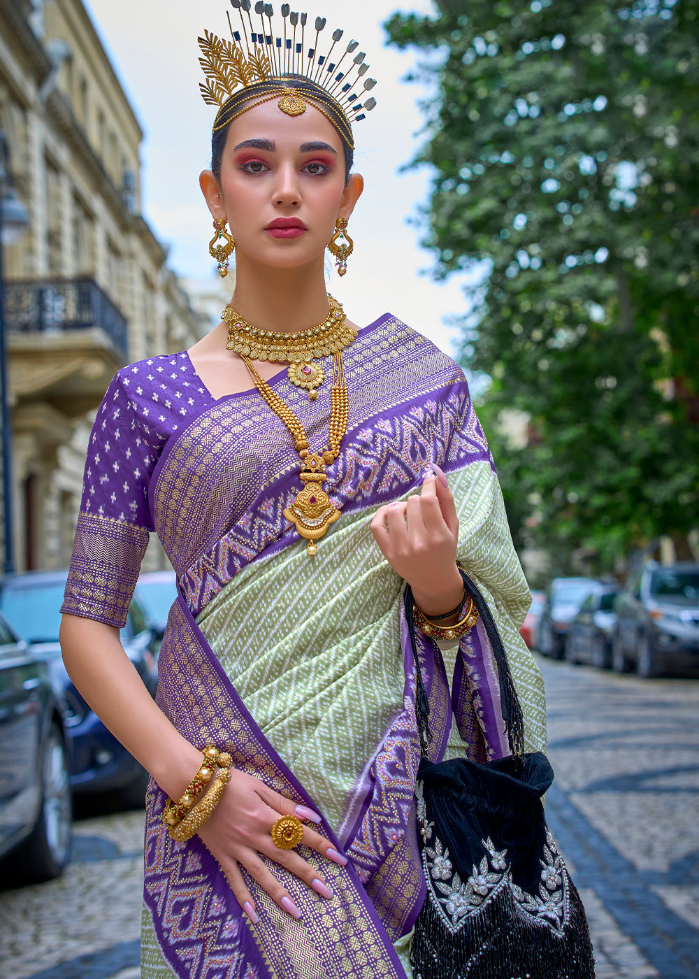 Blue & Green Patola Printed Viscose Silk Saree - qivii