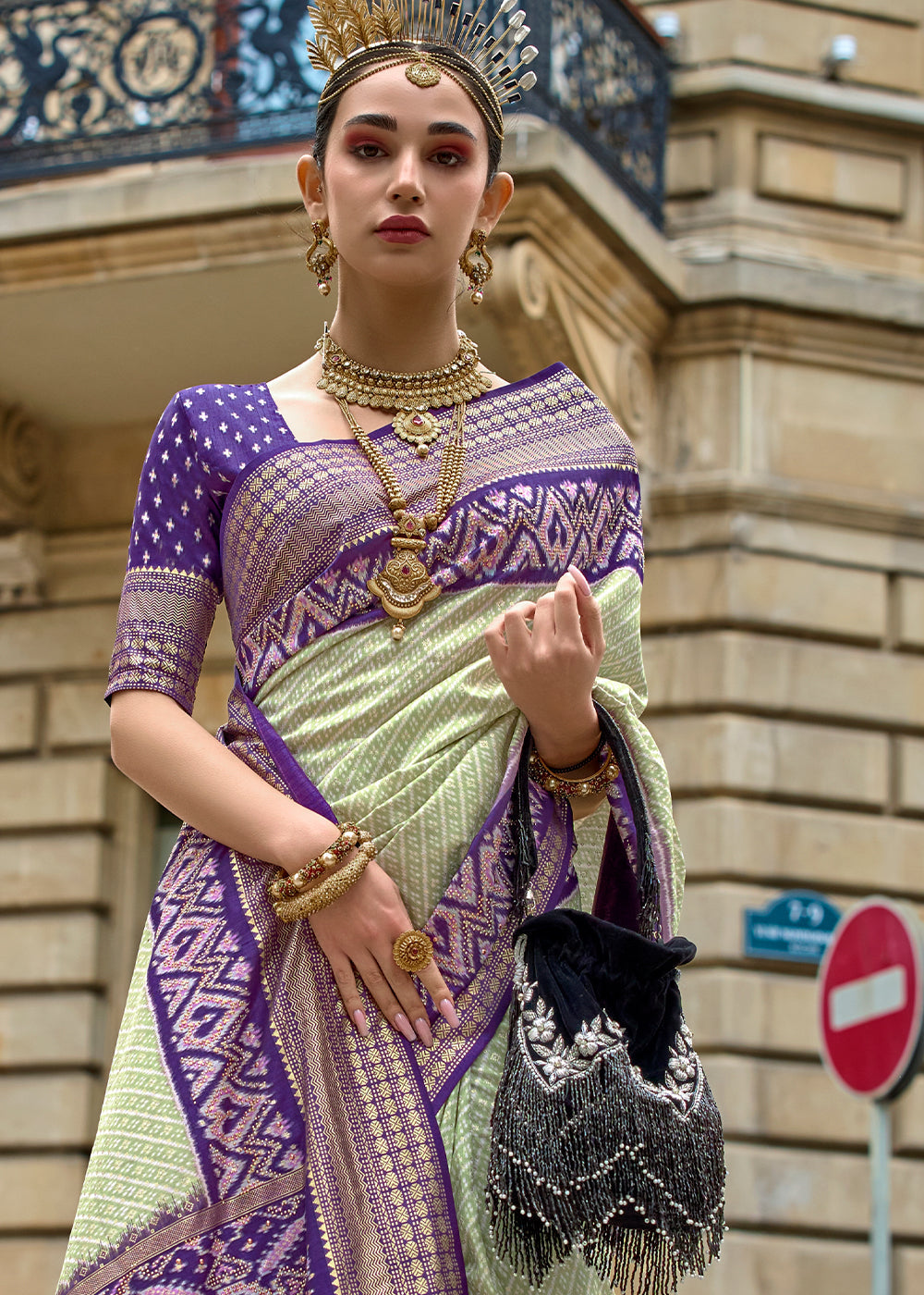 Blue & Green Patola Printed Viscose Silk Saree - qivii
