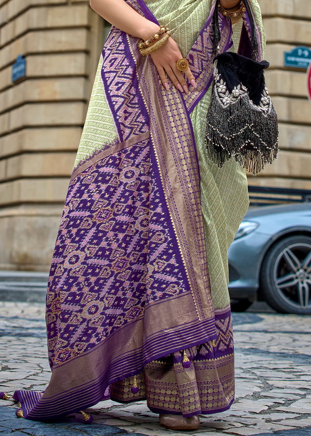 Blue & Green Patola Printed Viscose Silk Saree - qivii