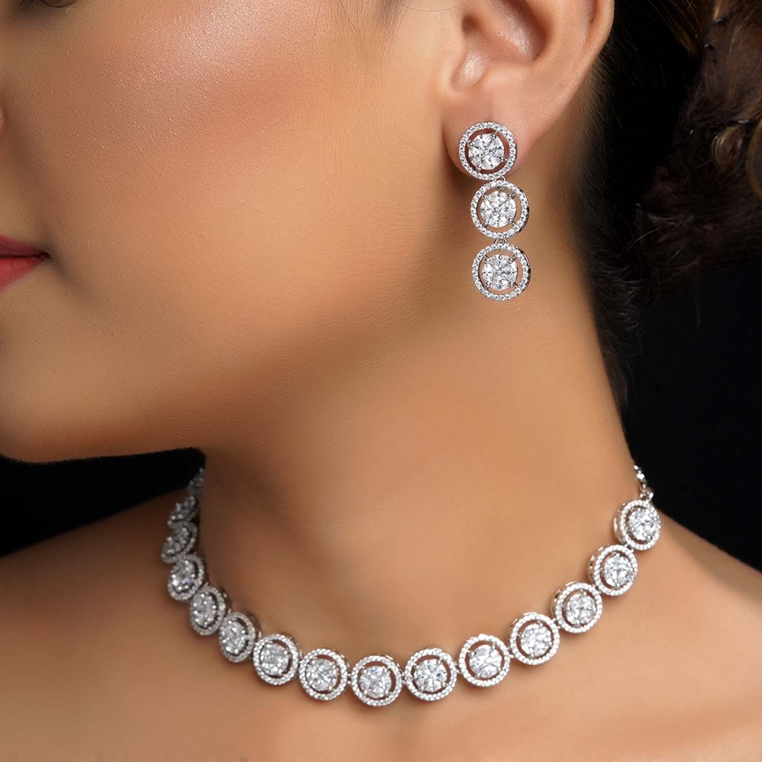 Kaaynaat Diamond Neck Line Silver Plated Necklace Set - qivii