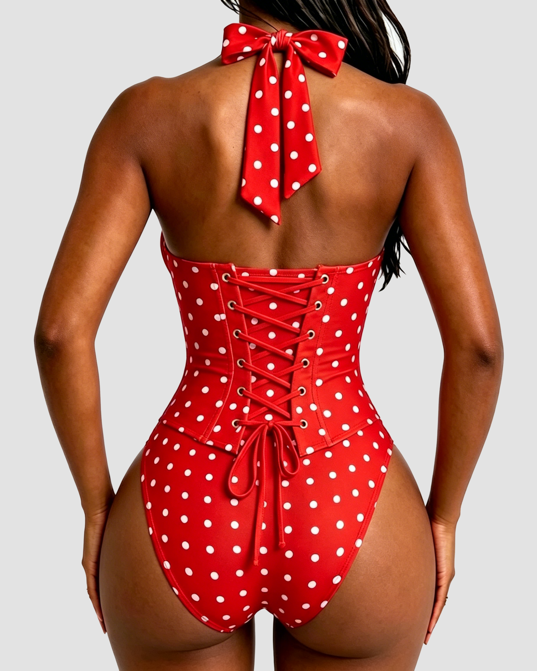 Polka Dot Halter Corset One-Piece Swimsuit - By Qivii
